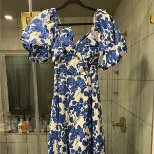 Elegant Blue and White Floral Dress
